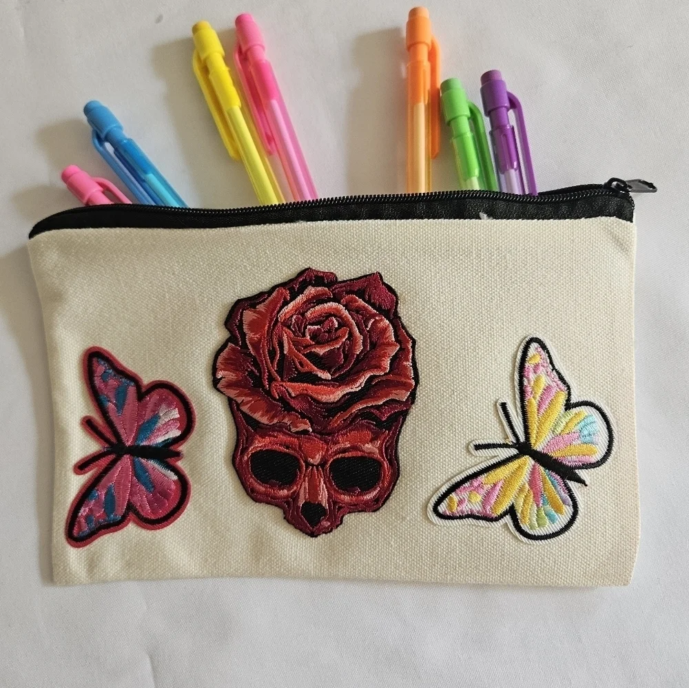 Hand Crafted embroidered bag red skull multicolored butterflies red rose rustic